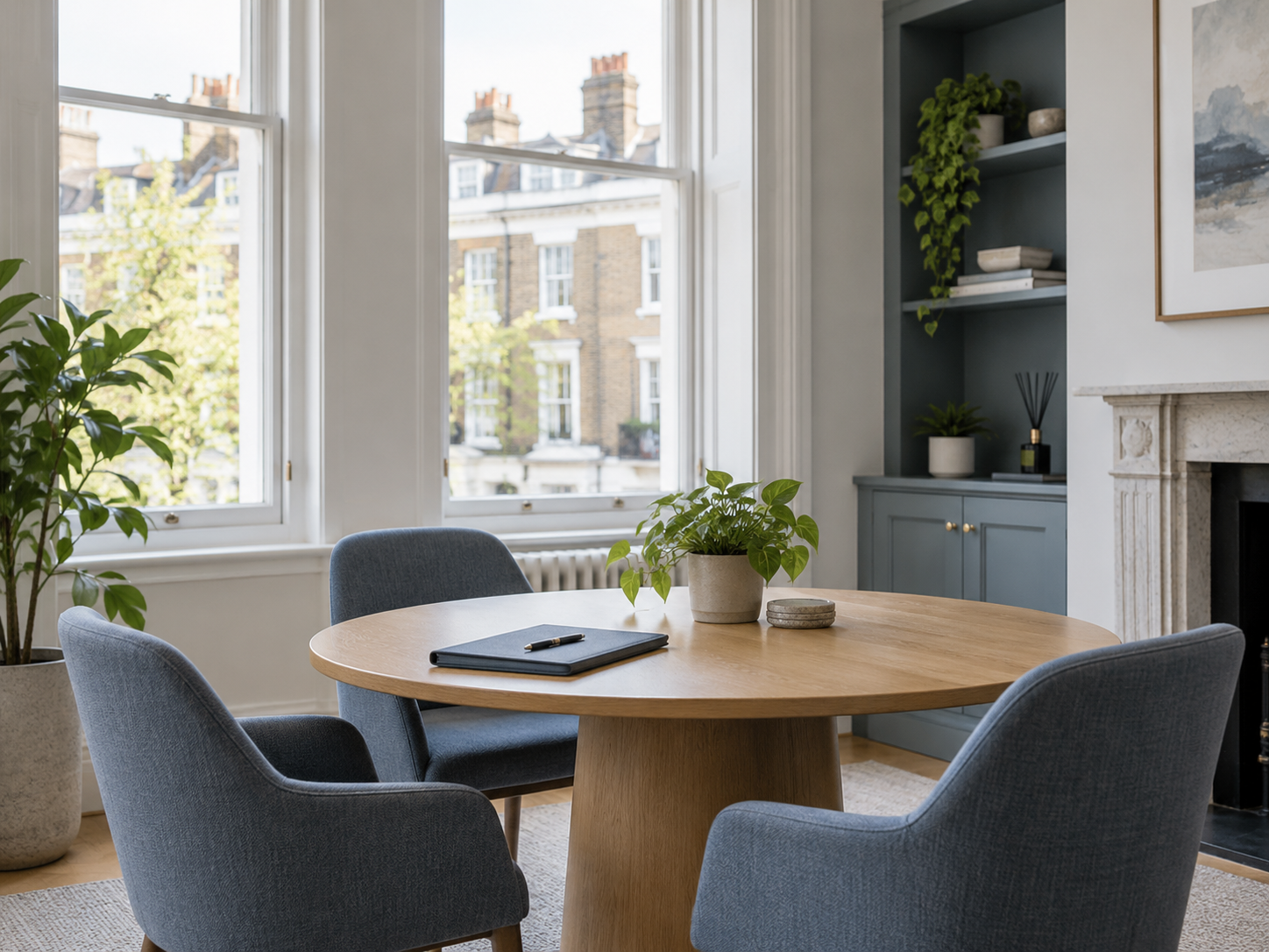 A bright consultation room with blue-grey chairs