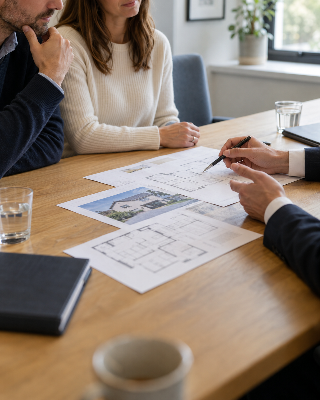Clients discussing property plans with an adviser